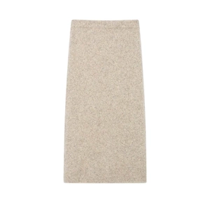 Minimalist high-waisted A-line knit skirt in beige wool texture on a white background