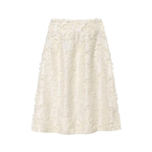Women Elegant High Waist A-Line Midi Skirt Creamy White Satin Texture 3D Feather Jacquard Fringe Skirt Commuter Style Skirt