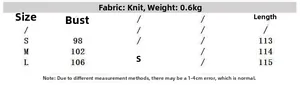Size chart for V-neck knit dress showing bust and length measurements in cm for S to L