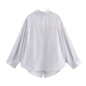 Detailed back view of striped long sleeve shirt featuring a curved split hem and yoke