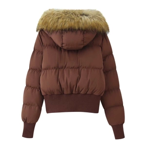 Back view of brown hooded puffer jacket featuring a plush faux fur trim and ribbed cuffs