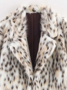 Close-up of leopard print faux fur coat featuring dense texture and stylish lapel detail