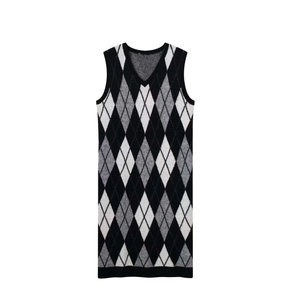 Vestido Chaleco De Punto Argyle Cuello En V Sin Mangas Moda Casual Cintura Suelta Midi Para Mujer