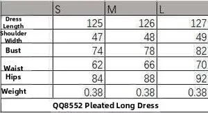Detailed size chart for pleated sleeveless maxi dress showing S, M, L measurements