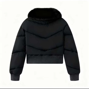 Women's black puffer jacket with faux fur hood and V-quilted pattern from back view