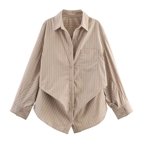 Detail of khaki striped shirt featuring a unique overlapping front placket design