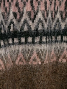 Close-up of fuzzy knit cardigan texture with pink and gray geometric jacquard pattern
