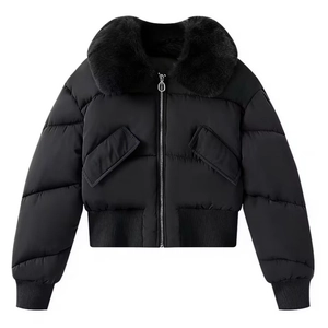 Women black short padded jacket with large faux fur collar and ribbed cuffs for winter