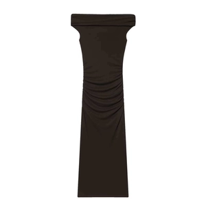 Elegant off-shoulder ruched maxi dress in sleek black fabric with side draping detail