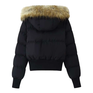 Detail view of black quilted winter jacket featuring brown faux fur hood and subtle embroidery