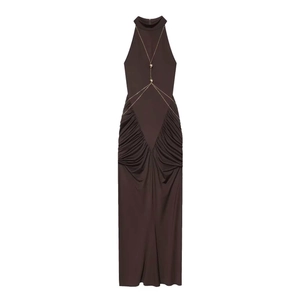 Abito Lungo da Donna Elegante in Maglia Caffè con Scollo all'Americana e Catena in Metallo Oro Schiena Scoperta Bodycon Arricciato per Festa