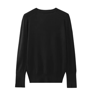 Detail view of the black crew neck knitted sweater featuring premium ribbed cuffs and hem