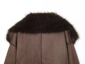 Macro detail of high-quality brown faux fur collar and wool fabric texture on long coat