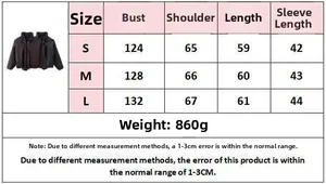 Size chart detail for black faux leather padded jacket with zipper and stand collar