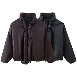 Women Winter Faux Leather Padded Jacket Stand Collar Zipper Loose Warm Mid Length Polyester Puffer Coat Outdoor Casual Tops