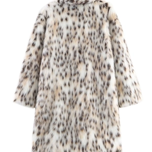 Chic mid-length leopard print faux fur coat with lapels and long sleeves in beige