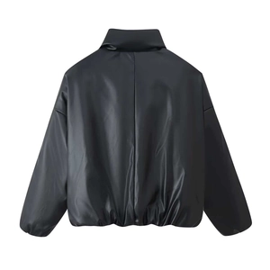 Women's black faux leather jacket featuring a stand-up collar and elastic hem, back view