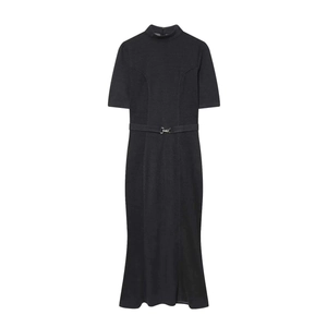 Elegant black slim-fit short sleeve dress with stand collar and metallic buckle belt