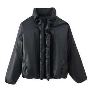 Fashionable black faux leather puffer jacket with a pleated stand collar and zip closure
