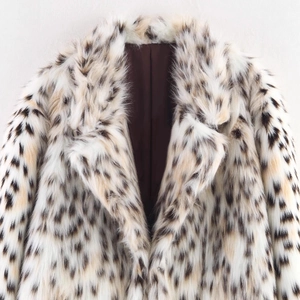 Women luxury faux fur long coat featuring chic leopard print and classic lapel collar style
