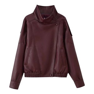 Women's burgundy faux leather jacket with high collar and pebble grain texture
