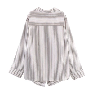Detailed back view of casual striped long sleeve shirt with classic yoke stitching detail