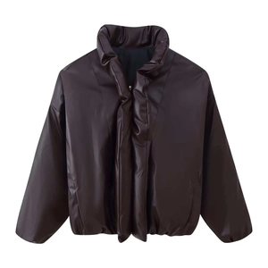 Fashionable dark brown faux leather puffer jacket with stand collar and oversized silhouette