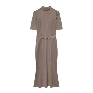 Elegant khaki short sleeve midi dress with high neck, slim fit waist, and fishtail hemline