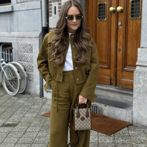 Damen Casual Olivgrün Utility Jacke Oder Weites Bein Hose Einfarbig Oberteil Oder Unterteil Streetwear Bekleidungsset