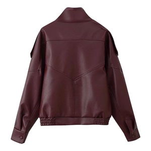 Women's burgundy faux leather motorcycle jacket with stand collar and lychee texture back