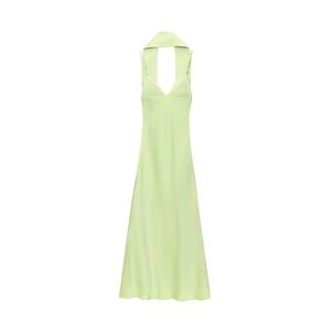Robe midi élégante en satin vert pistache avec licou, col en V et fini brillant