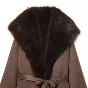 Deep coffee long coat with voluminous dark faux fur collar and matching waist belt