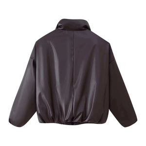 Deep brown faux leather jacket with stand-up collar and elastic hem, back view display