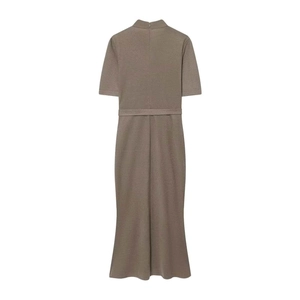 Back view of a coffee-colored short sleeve dress with high collar and slim fit waist