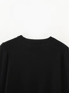 Detailed close-up of the back neckline and shoulder stitching on a black knit sweater