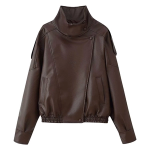 Vintage dark brown faux leather jacket with high neck and asymmetrical front closure