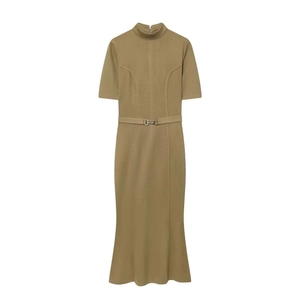 Slim fit khaki stand collar short sleeve midi dress with belt and fishtail hemline