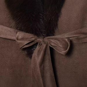 Women's dark coffee winter coat with black faux fur collar and elegant waist tie belt