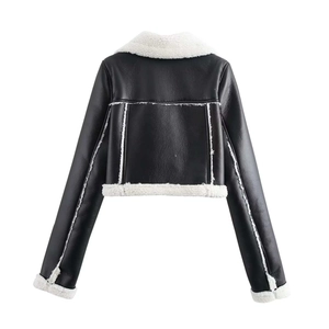 Back view of a cropped black faux leather jacket with white faux fur lining and trims