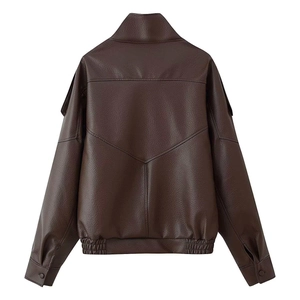 Back view of dark brown faux leather jacket featuring lychee texture and V-shaped stitching
