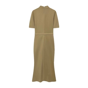 Back view of a short-sleeved olive green midi dress with stand collar and zipper detail