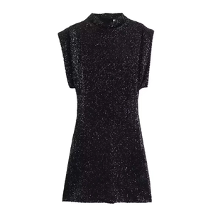 Chic black sequin mini dress featuring a high neck and structured padded shoulders