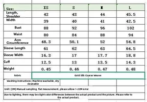 Detailed sizing guide chart for gold sequin tweed jacket from size XS to L with measurements