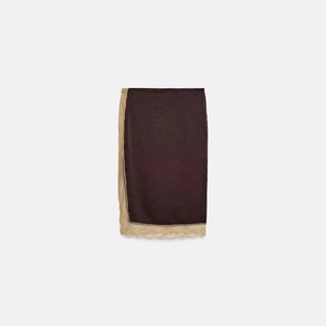 Elegant deep brown satin skirt with decorative cream lace trim on the side and hemline
