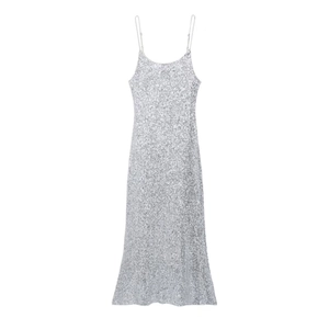 Robe Glissante Élégante à Paillettes Argentées pour Femmes Bodycon Maxi Robe de Fête Taille Haute Sans Manches Dos Nu pour Banquet