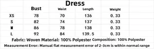 Size chart for women satin halter dress showing XS to L measurements and polyester fabric