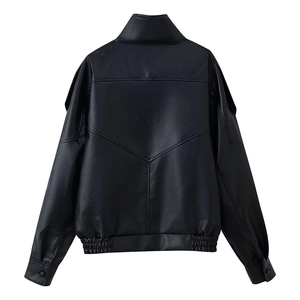 Back view of a cropped black faux leather jacket with stand collar and decorative seams