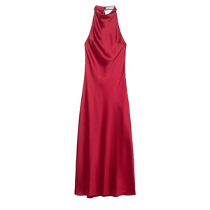 Women Halter Neck Satin Midi Dress Elegant Solid Color Red Sleeveless Backless Pleated Banquet Party Dress