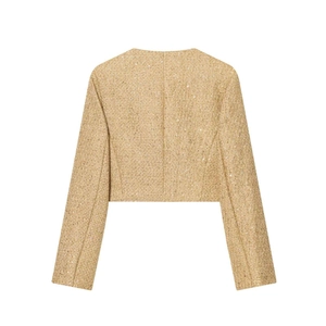 Women's gold tweed jacket with sequins featuring a cropped cut and round neck back view