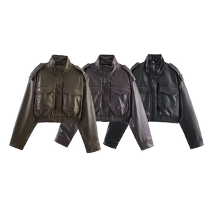 Vintage short faux leather jacket with cargo pockets and epaulets in three colors